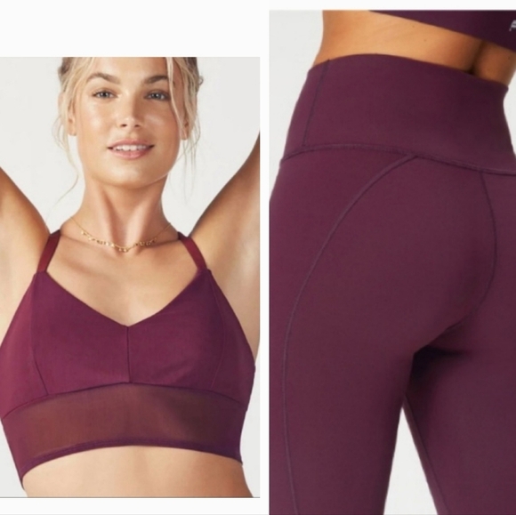 Fabletics Define Powerhold Burgundy Purple Sports Bra and Long Leggings Set - Picture 1 of 17